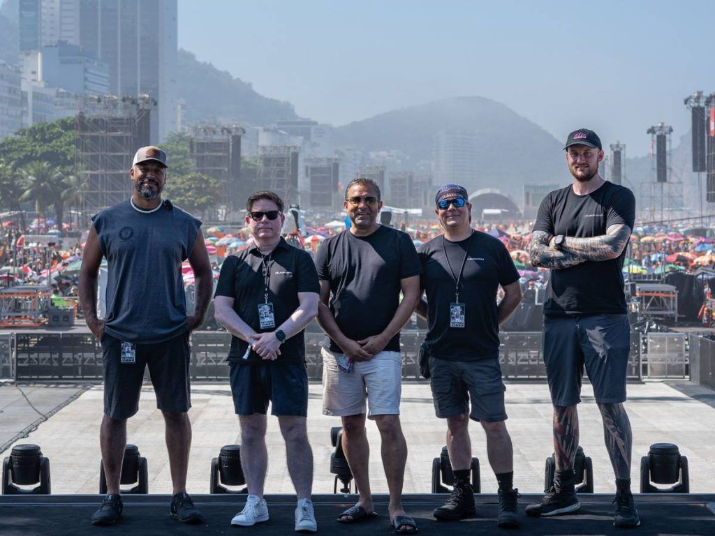 Left to right: Crew Chief Frank Peoples, L-Acoustics’ Chris “Sully” Sullivan, FOH Engineer Burton Ishmael, L-Acoustics’ Alex Soto, and Systems Engineer Andy Fitton (credit: Brandon Ishmael)