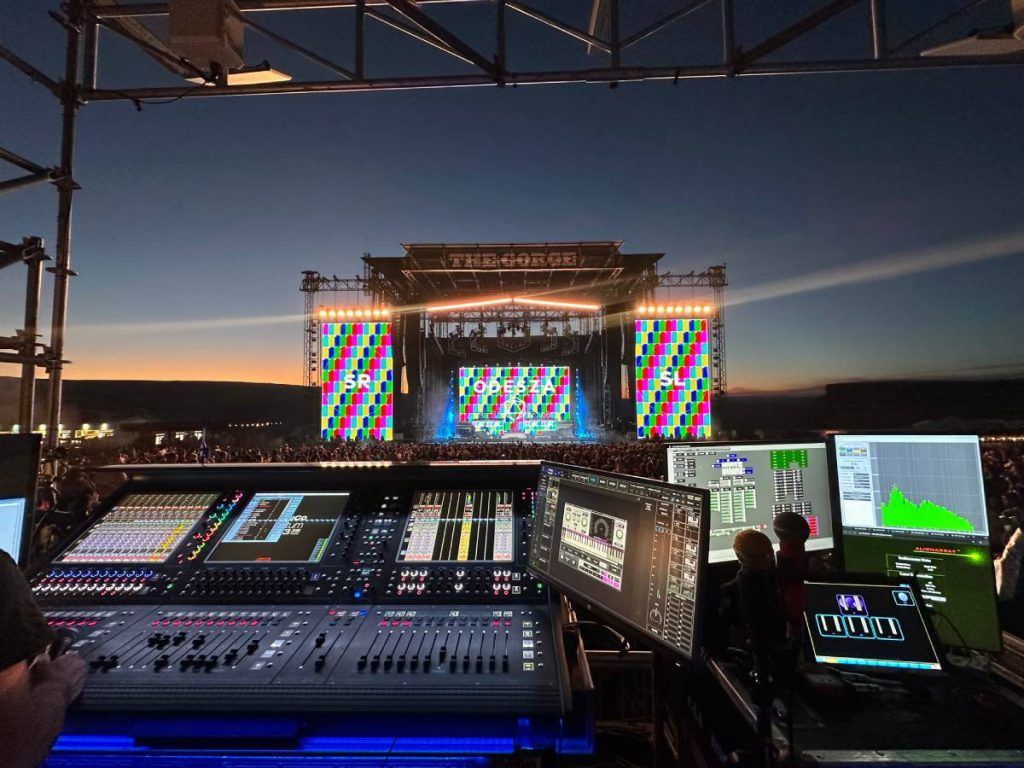 The view from Joe Spitzer’s FOH mix position, featuring a DiGiCo Quantum338 console, and L-Acoustics Network Manager, monitored by SE Eric Rogers (photo credit: Eric Rogers)