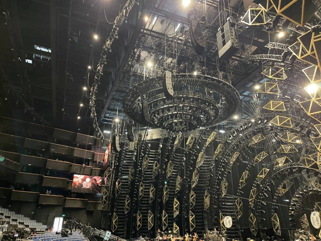 A main frontal L-ISA system of five hangs of one L-Acoustics L2 and one L2D each with four KS28 subwoofers flown behind in the studio for ‘Singer 2024’