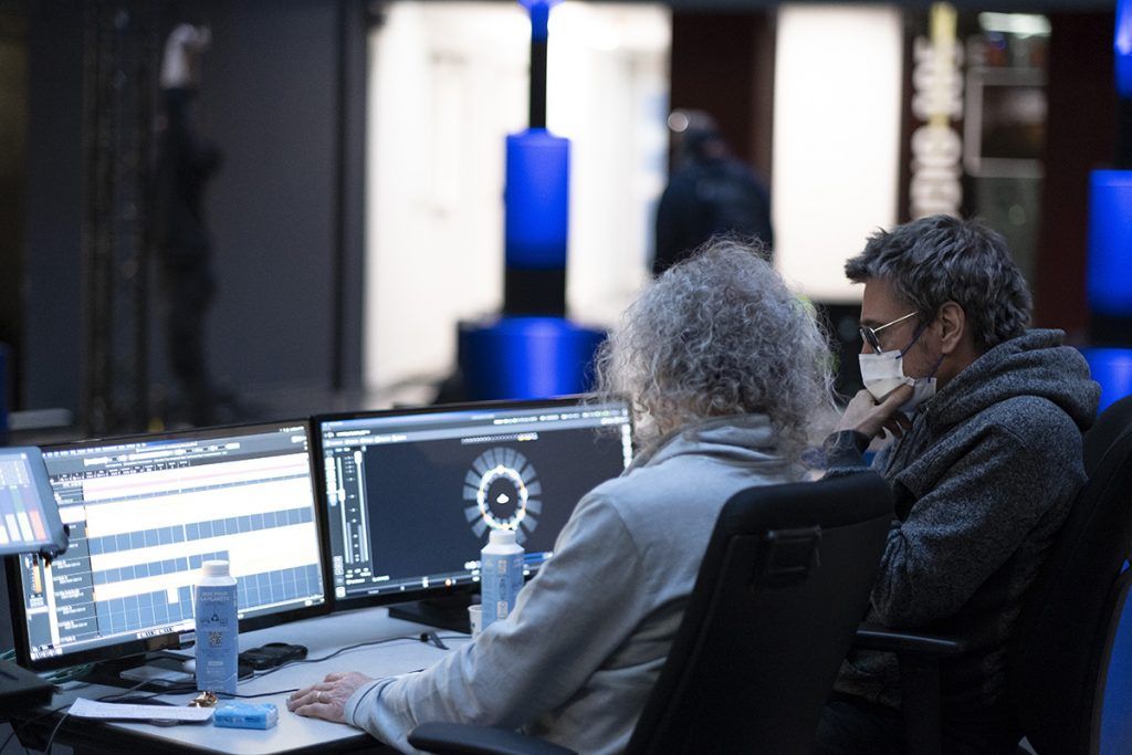 Sound design engineer, Hervé Déjardin (left) with Jean-Michel Jarre, finalizing the L-ISA spatial design.