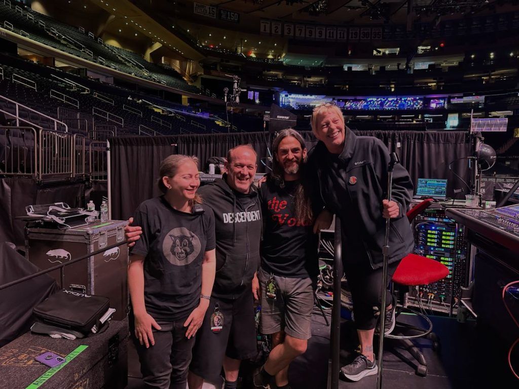 Pearl Jam’s stage crew (left to right): Sara Holt (stage tech), Tommy Caraisco (band/crew monitor engineer), Brett Heet (monitor tech), and Karrie Keyes (monitor engineer for singer Eddie Vedder and drummer Matt Cameron)