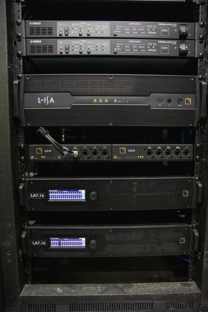 The L-Acoustics installation at Westside Family Church is powered by a pair of LA7.16i amplified controllers, with two LS10 switches managing Milan-AVB networking, and object-based processing handled via the L-ISA Processor II