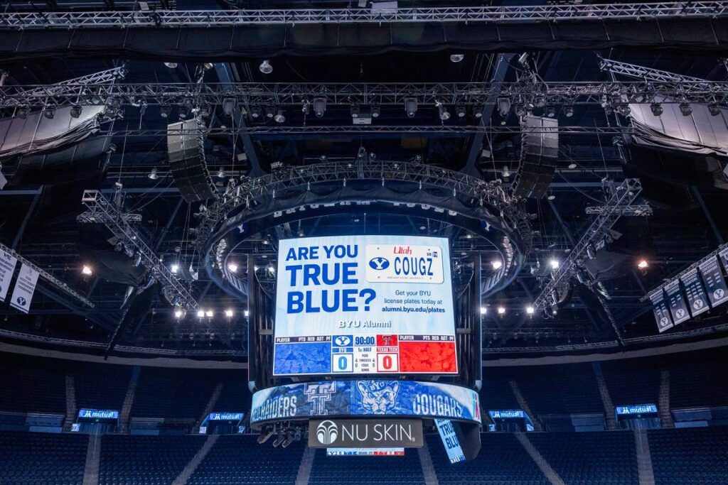 Eight arrays of nine L-Acoustics K2 each surround the central scoreboard and address the arena’s lower bowl seats (photo credit: Matthew Norton/BYU)