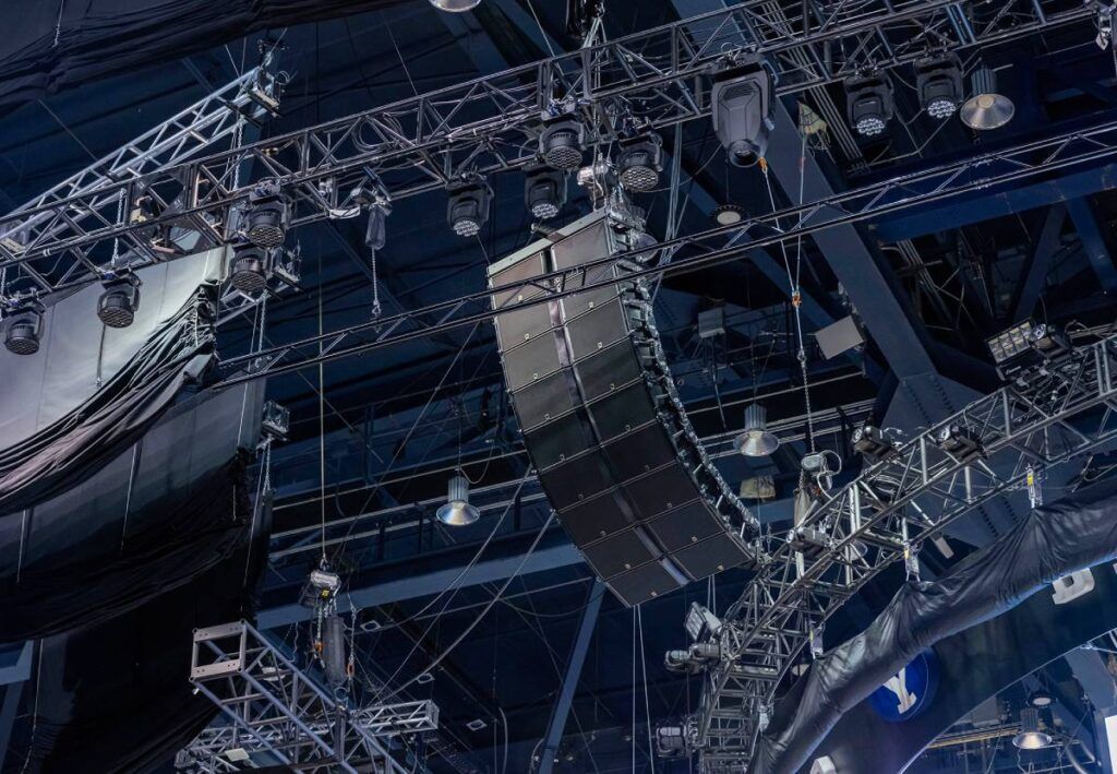 A closeup view of one of the arena’s eight new L-Acoustics K2 arrays (photo credit: Matthew Norton/BYU)