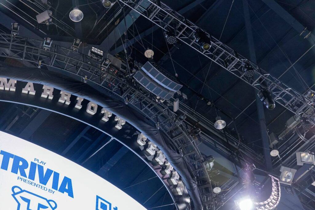 Twin arrays of six repurposed L-Acoustics Kara professional sound system each deliver coverage to the court floor (photo credit: Matthew Norton/BYU)